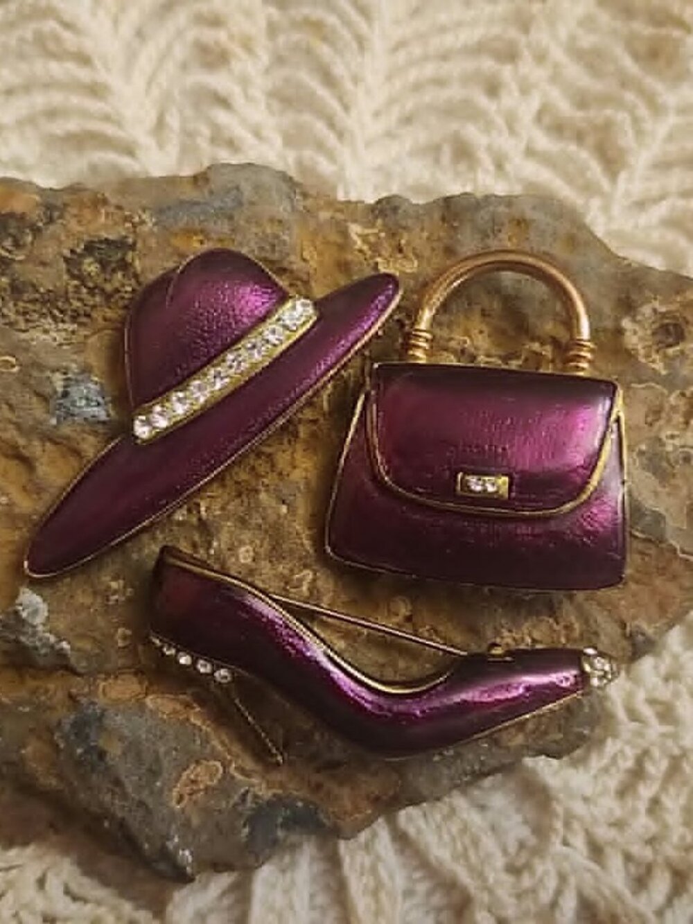 Vintage Style Burgundy Enamel Hat Shoe Purse Brooch Set